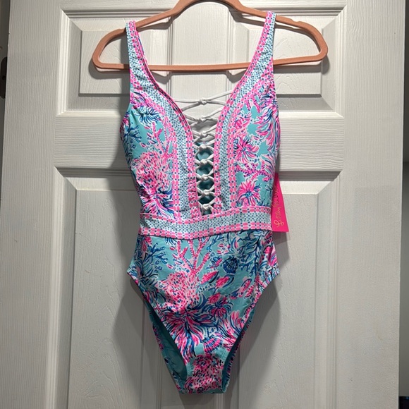 Lilly Pulitzer Pink and Blue One Piece Swimsuit with Lace-Up Detail - Picture 2 of 5